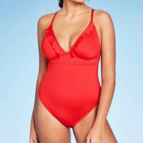 Shade & Shore red Ruffle Front One Piece Swimsuit - Picture 1 of 6